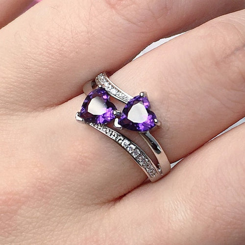 Double Purple Heart Shaped Cubic Zirconia Ring For Women