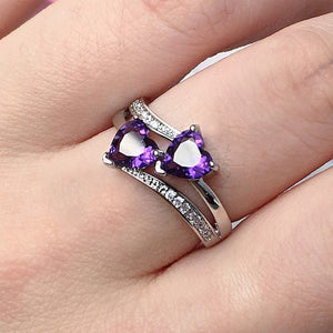 Double Purple Heart Shaped Cubic Zirconia Ring For Women