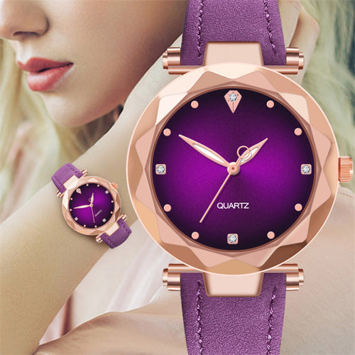 Women's Purple Quartz Watch with Diamond Dial & Purple Leather Band - Accessories