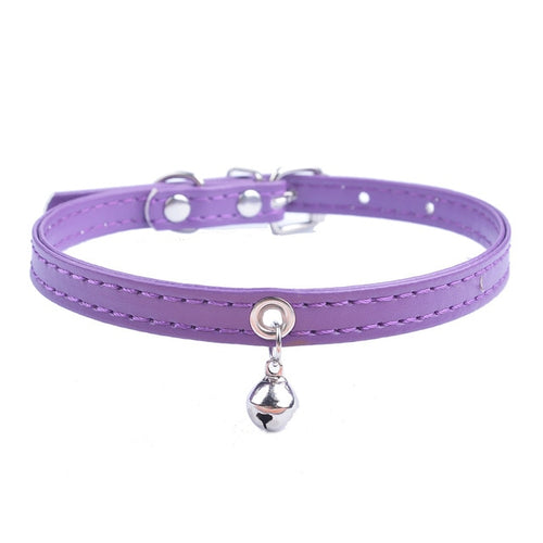 Adjustable Purple Leather Collar with Bell For Small Dogs or Cats