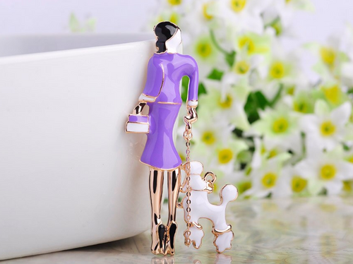 Sexy Purple High-Heeled Woman with Poodle Brooch / Pin Accessory