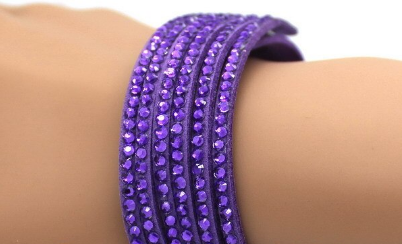 Women's Purple Strappy Leather Bracelet with Rhinestones - Accessories