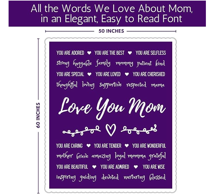 FILO ESTILO Purple Love You Mom Blanket - Birthday & Mother's Day