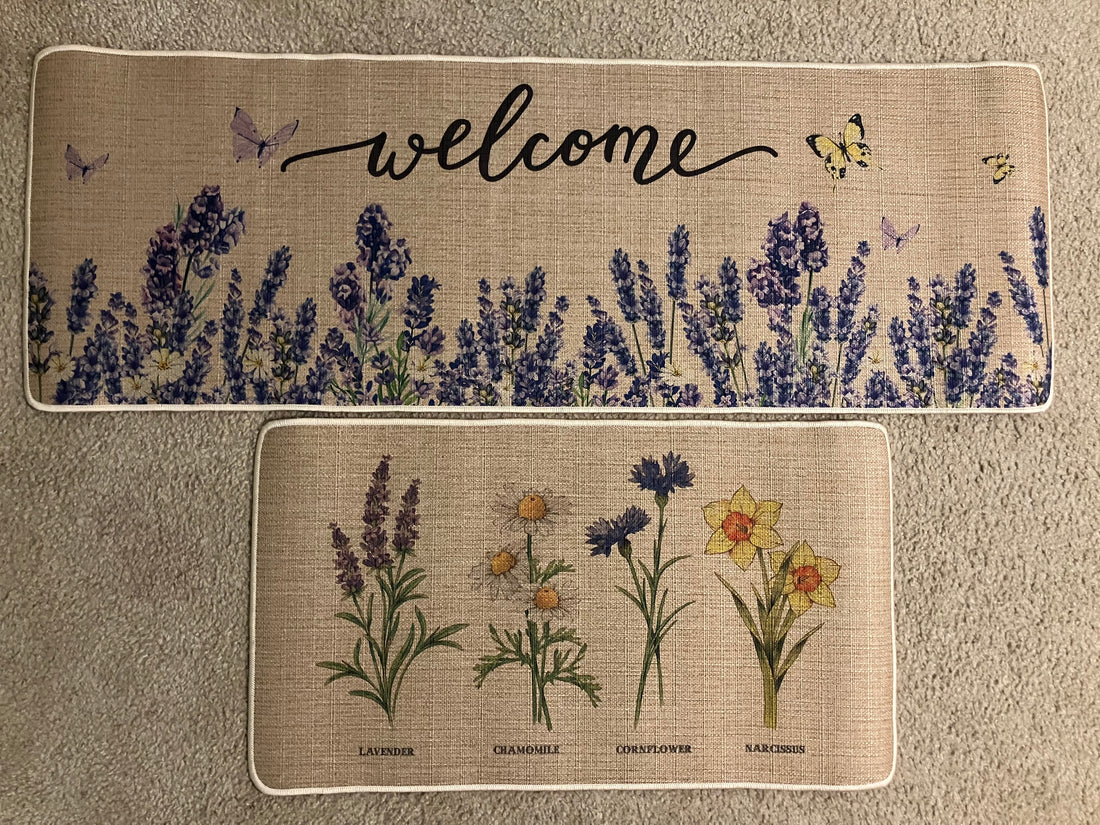 Welcome Purple Tulip Flowers Linen Rubber Non-Slip Mat 30”x17”