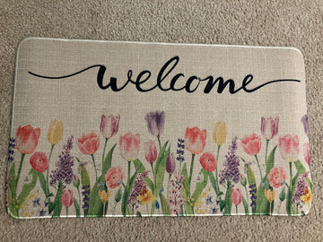 Welcome Purple Tulip Flowers Linen Rubber Non-Slip Mat 30”x17”