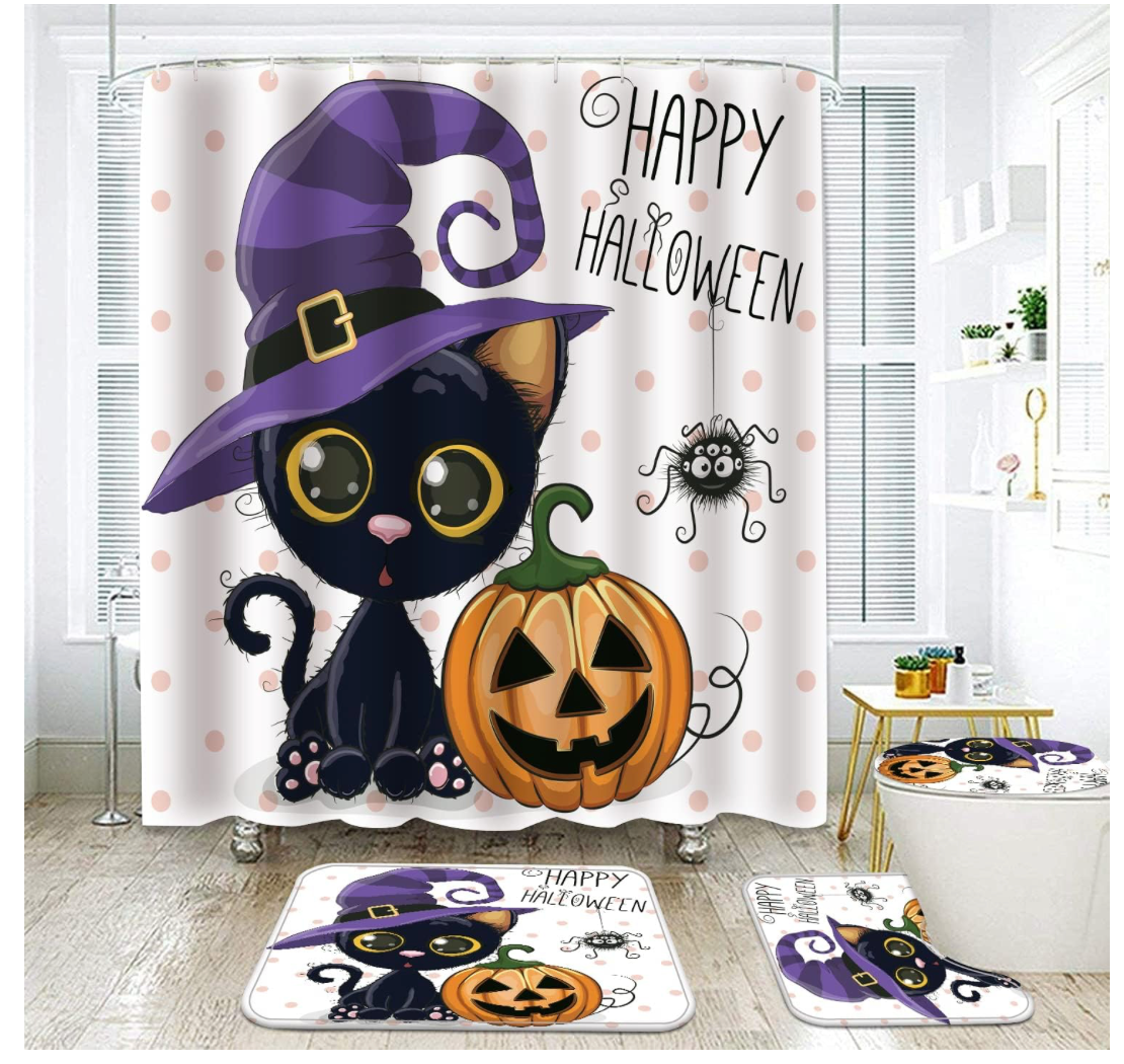 Halloween Purple Bathroom Set - Shower Curtain, Bath Mat, Toilet Mat, and Lid Cover