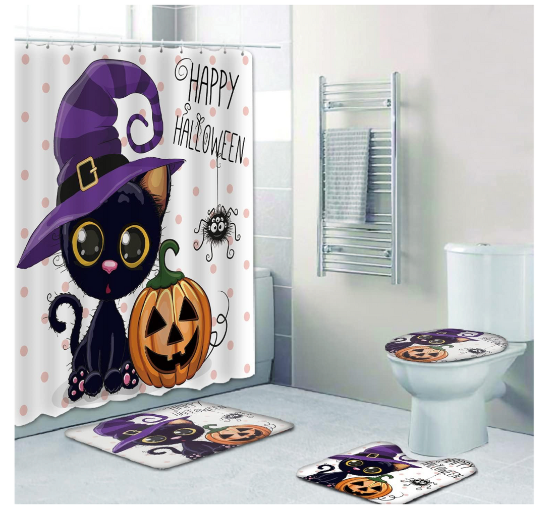 Halloween Purple Bathroom Set - Shower Curtain, Bath Mat, Toilet Mat, and Lid Cover