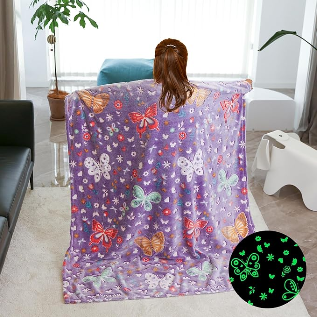 Purple Butterfly Glow in The Dark Blanket for Girls, 50"×60"