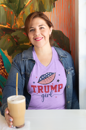 Trump Girl with Patriotic Lips on Lilac / Purple V-Neck T-Shirt for Women