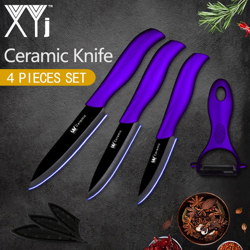 Purple Handle Ceramic 4 Pc Kitchen Knife Set w/ Peeler & Covers